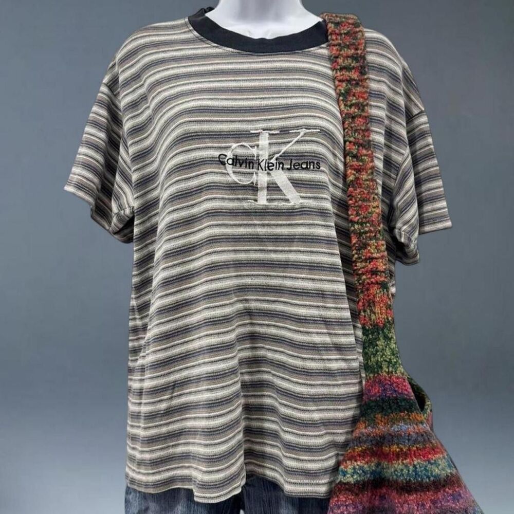 Vintage Y2K Calvin Klein Jeans Striped T Shirt Size Large Embroidered Grunge USA